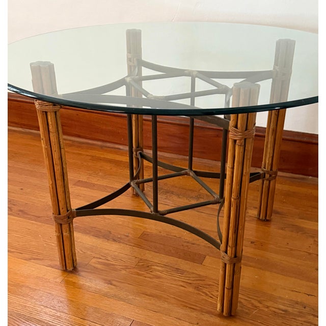 Mid-Century Modern Vintage Rattan and Bamboo Round Glass Top Dining Table in the Style of McGuire For Sale - Image 3 of 8