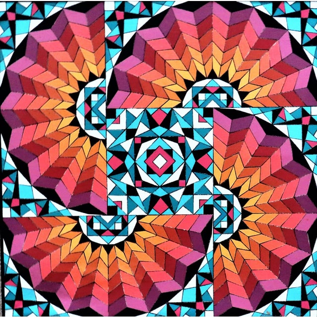 This is a colorful op art abstract painting in kaleidoscopic or game board style. Titled "Rose Window Variations", Series...