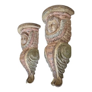 Pair Spanish Colonial Wood Polychrome Cherub Corbel Wall Brackets For Sale