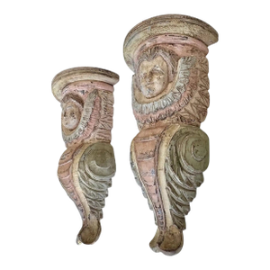 Pair Spanish Colonial Wood Polychrome Cherub Corbel Wall Brackets