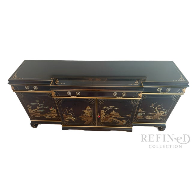 Paint 1984 Karges Furniture Hand-Painted Chinoiserie Lacquer Credenza With Asian Chow Legs For Sale - Image 7 of 18