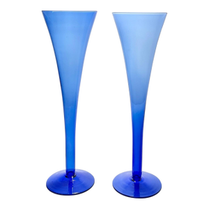 1970s Vintage Hollow Stem Cobalt Blow Fluted Champagne Glasses - a Pair