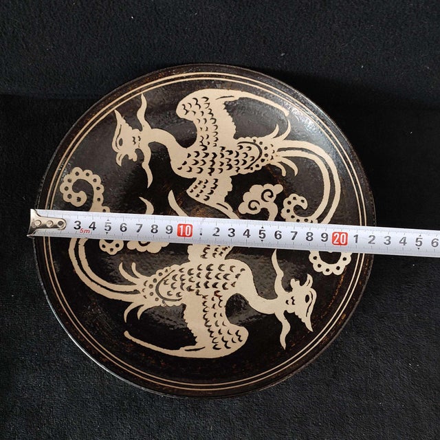 Chinese Ceramic Plate,Jizhou Ware Black Glaze Porcelain Plate Hand Carved Double Phoenix Pattern For Sale - Image 9 of 10