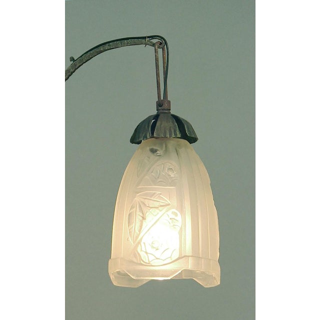 Art Deco 1920s French Wrought Iron Art Deco Chandelier - 3 Shades and Bowl, Floral Motif Glass For Sale - Image 3 of 5