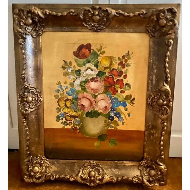 Mid 20th Century Floral Still Life Oil Painting with Carved Wood Frame For Sale - Image 12 of 13