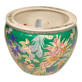 Large Chinese Porcelain Tropical Flower Koi Fish Bowl Garden Planter For Sale