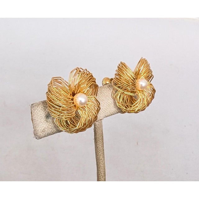 Gold Vintage 1980s Signed Les Bernard Goldtone Faux-Pearl Flower Clip Earrings-2 Pieces For Sale - Image 8 of 8