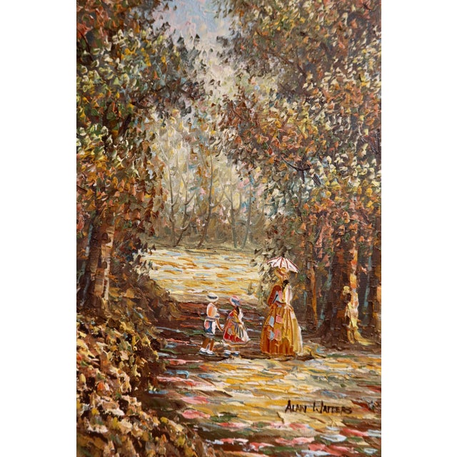 A richly textured Impressionist oil painting depicting a sun-dappled park path, with a woman and two children strolling...