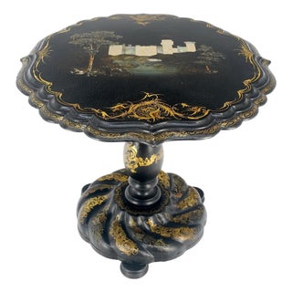 English Papier-Mache Black Gold Mother of Pearl Antique c1900s Lamp Table Clean! For Sale