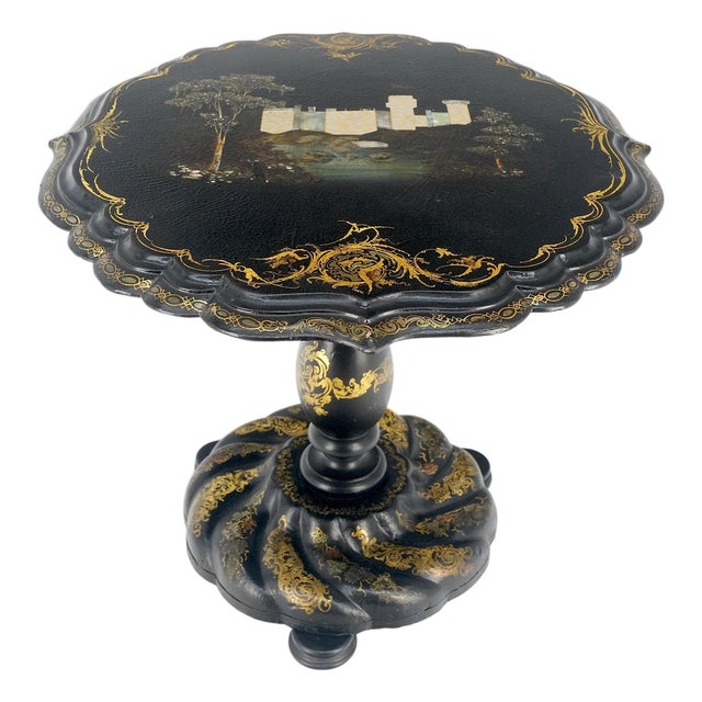 English Papier-Mache Black Gold Mother of Pearl Antique c1900s Lamp Table Clean! For Sale
