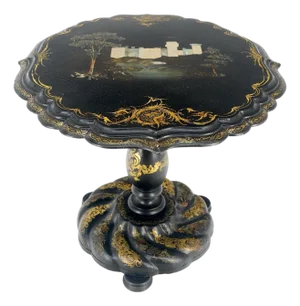 English Papier-Mache Black Gold Mother of Pearl Antique c1900s Lamp Table Clean!