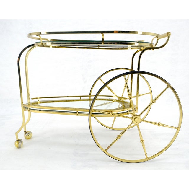Mid-Century Modern Brass Etched Glass Mid Century Modern Serving Bar Cart Wagon Style Wheels MINT For Sale - Image 3 of 14