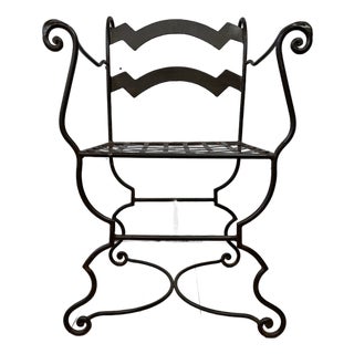 Vintage Wrought Iron Curule Armchair With Sculptural Scrollwork For Sale