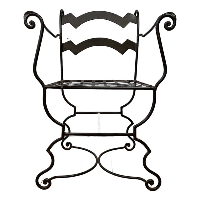 Vintage Wrought Iron Curule Armchair With Sculptural Scrollwork For Sale