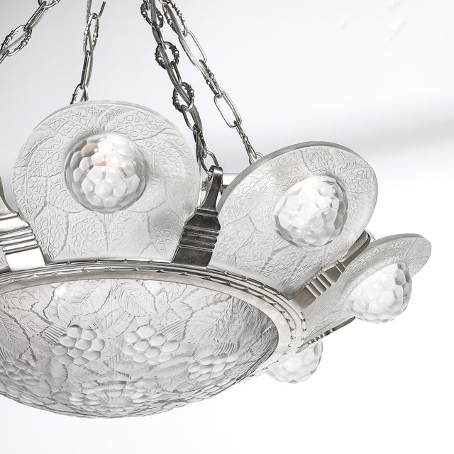 1930s Art Deco Frosted Glass Chandelier With Stylized Cubist Floral Motif For Sale - Image 10 of 18