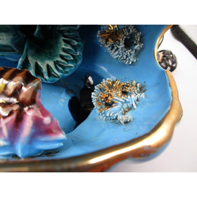 Vintage Vallauris Lion S/Mer Blue Ceramic Clam Shell Lamp Mid Century Tikki Kitch Cord Cut Signed For Sale - Image 15 of 18