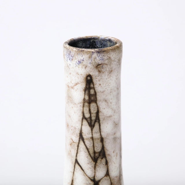 Mid-Century Modernist White and Earth Toned Tapered Ceramic Vase With Leaf Motif For Sale - Image 11 of 13
