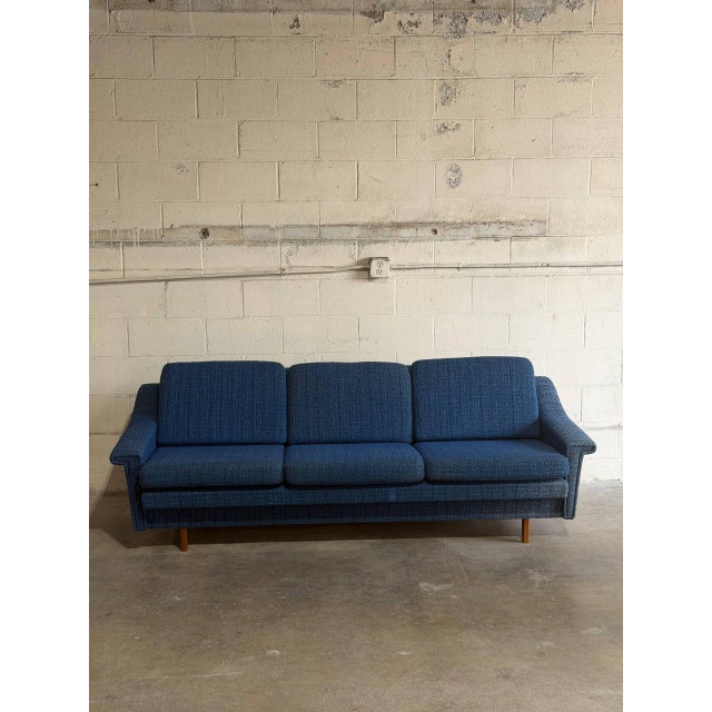 Mid-Century Modern Blue Upholstered Convertible Sofa Daybed 3-Seat Couch Lounge Mid-Century Modern 1970s For Sale - Image 3 of 11