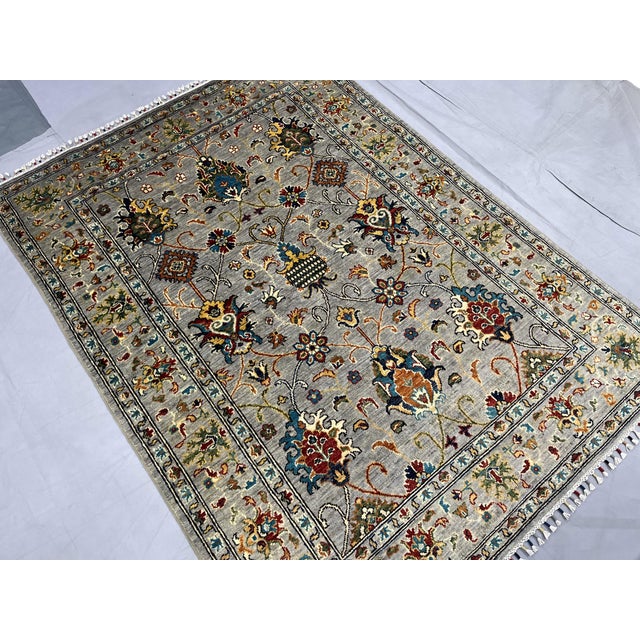 Art Deco Sultani Pomegranate Floral Wool Rug in Gray, Teal and Burgundy, 5' X 6'9" For Sale - Image 3 of 15