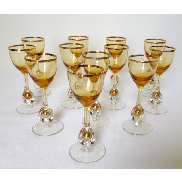 1960s Italian Handblown Amber & Gilt Gold Crystal Cordial Glasses Set