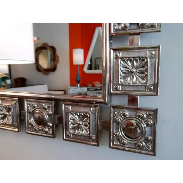 Mid-Century Modern Vintage Mid Century Modern Nickeled Silver Over Brass Wall Mirror With Raised Designs For Sale - Image 3 of 6