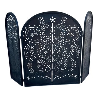 Pierced Metal Folk Art–Style Three-Panel Fireplace Screen – 49.25” W For Sale