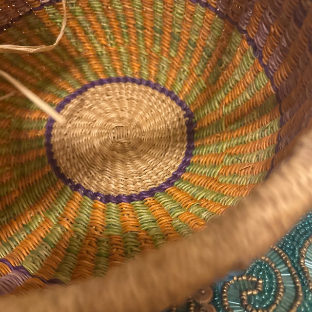 Orange Contemporary African Artisanal Handwoven Wicker & Leather Storage Market Basket For Sale - Image 8 of 10