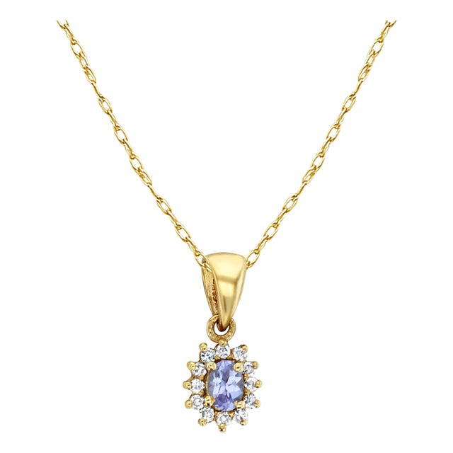 Tanzanite Diamond Halo Necklace 14k Yellow Gold 16" For Sale