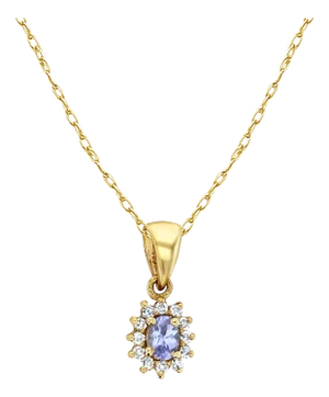 Tanzanite Diamond Halo Necklace 14k Yellow Gold 16"