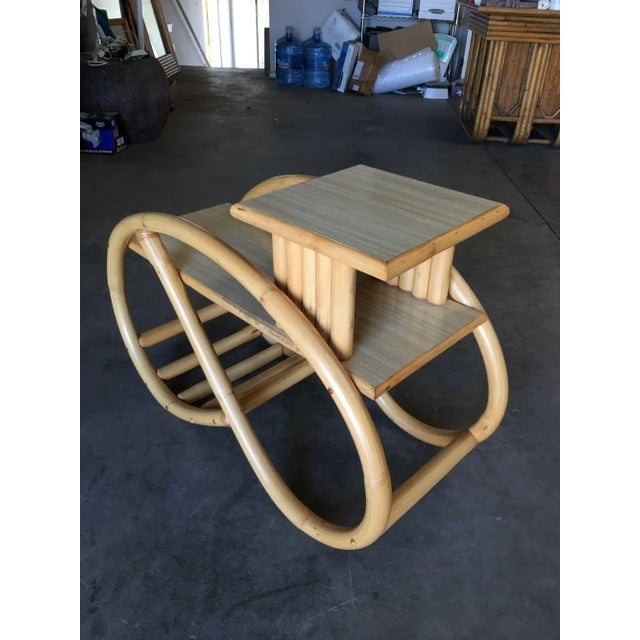 Brown 1930s Restored 3/4 Round Pretzel Rattan Side Table With Two-Tier Formica Tops For Sale - Image 8 of 10