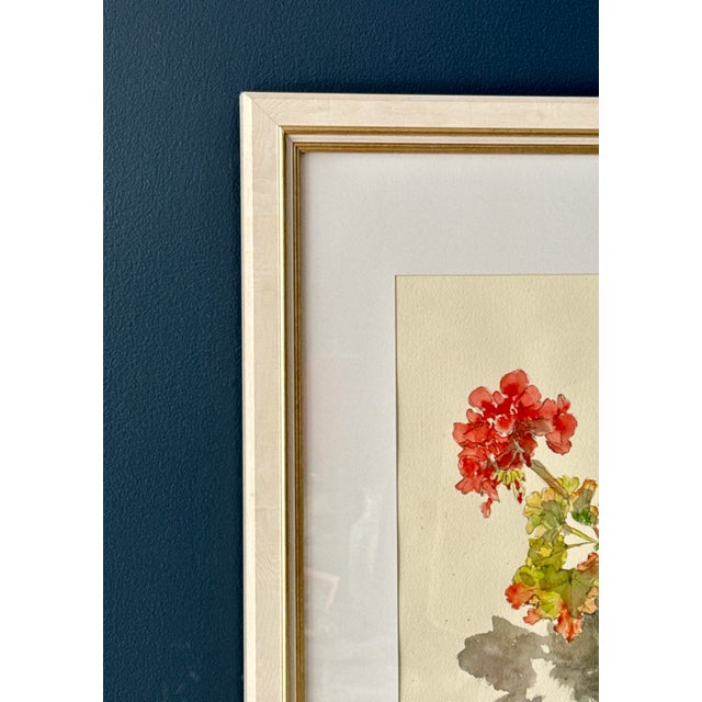 Red Late 20th Century Original Watercolor - Potted Red Geranium Plant, Framed For Sale - Image 8 of 11