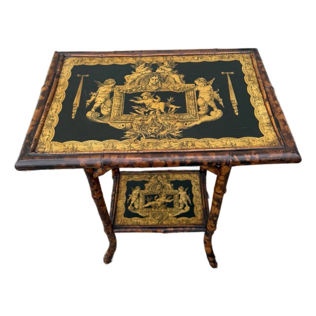 19th C Victorian Chinese Bamboo Table W Fabulous Decorations For Sale