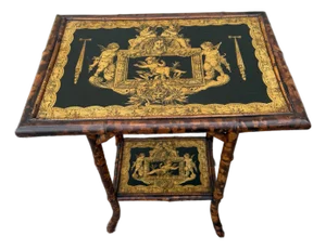 19th C Victorian Chinese Bamboo Table W Fabulous Decorations