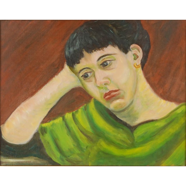 Mid Century Modern Portrait of Woman in Green Dress Original Oil Painting Evocative mid century modern portrait of woman...