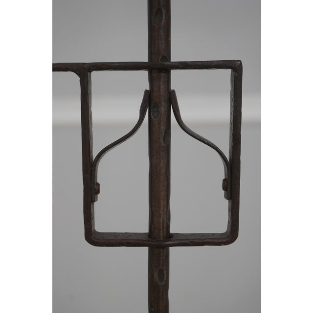 1930s Colonial Wrought Iron Tripod Adjustable Floor Lamp W. Tole Shade For Sale - Image 9 of 9