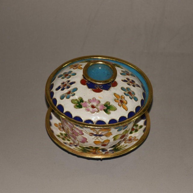 Chinese 1960s Chinese Cloisonne Peony Gaiwan Teacup With Saucer For Sale - Image 3 of 9
