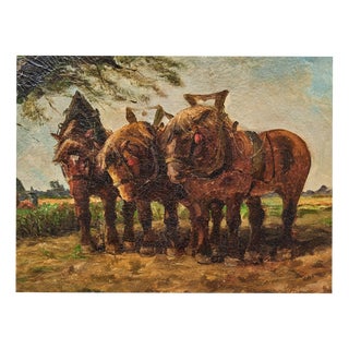 Western European Artist, Farmer with Horses Resting, Oil on Canvas, Framed For Sale