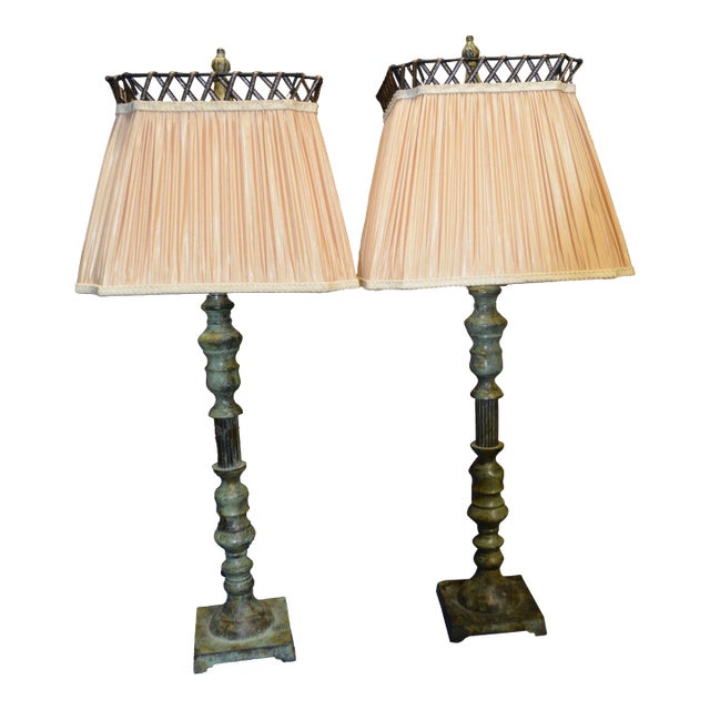 Vintage Interlude Home Pair Rustic Green Metal / Iron Tall Buffet Table Lamps W/ Pleated Shades For Sale