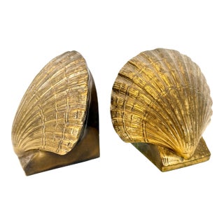 Pair of Vintage PMC Brass Shell Bookends Mid Century Coastal Scallop VTG MCM For Sale