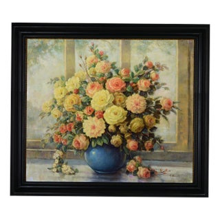 Giovanni Bonetti, Lush Floral Bouquet in Blue Vase, 1980s, Oil on Canvas, Framed For Sale