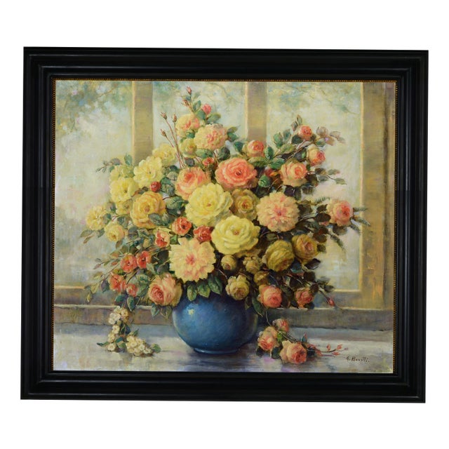 Giovanni Bonetti, Lush Floral Bouquet in Blue Vase, 1980s, Oil on Canvas, Framed For Sale