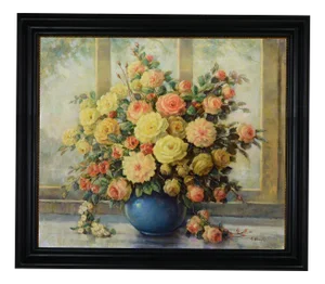 Giovanni Bonetti, Lush Floral Bouquet in Blue Vase, 1980s, Oil on Canvas, Framed