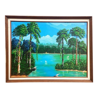 Large Tropical Hawaiian Scenic With Flamingos Oil on Canvas Signed For Sale