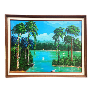 Large Tropical Hawaiian Scenic With Flamingos Oil on Canvas Signed
