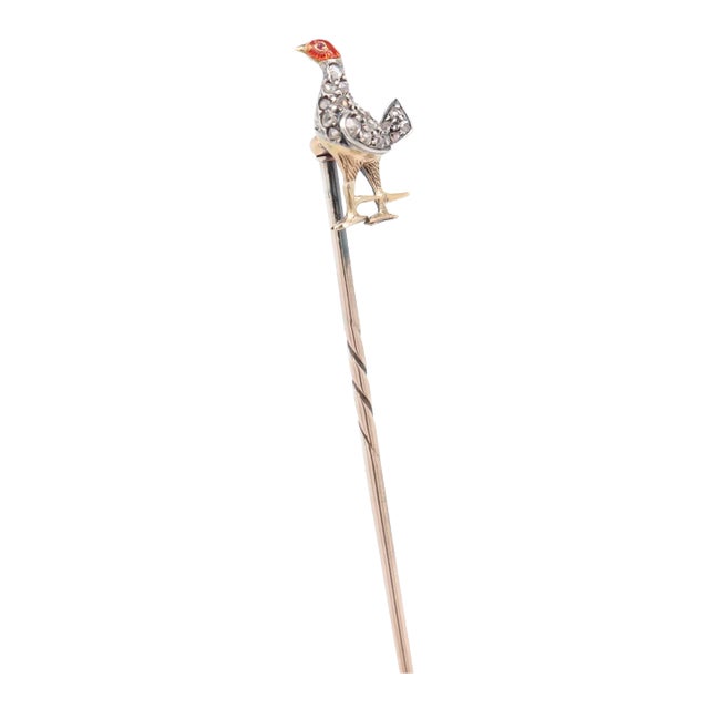 Antique Victorian Gold, Rose Cut Diamond, and Enamel Pheasant Stickpin For Sale