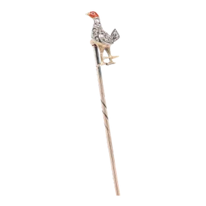 Antique Victorian Gold, Rose Cut Diamond, and Enamel Pheasant Stickpin