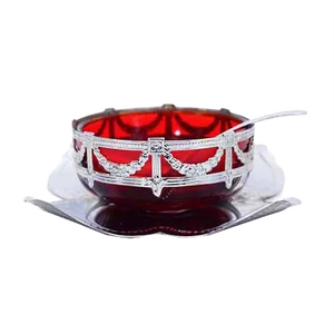 English Art Nouveau Silver Metal and Glass Sugar Bowl