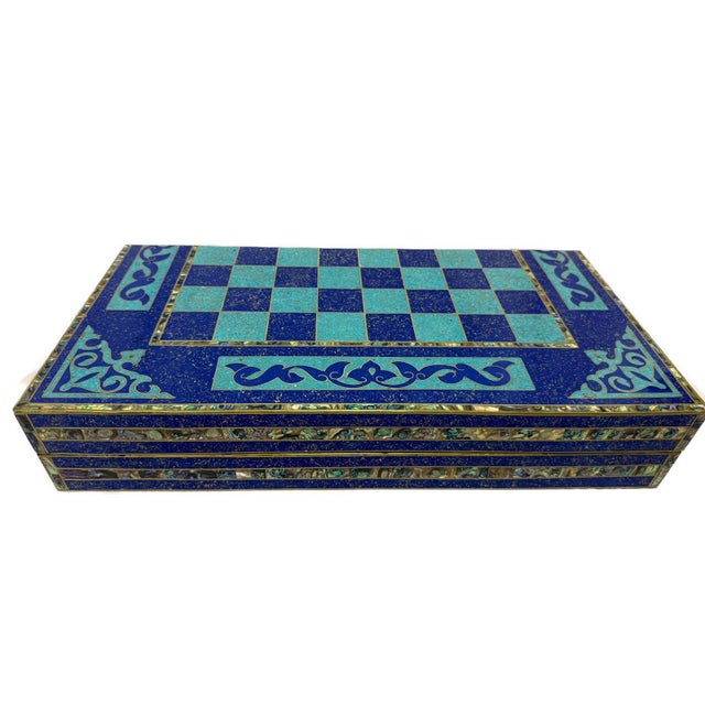 Blue Handmade Wooden Backgammon & Chess Board Lapis, Turquoise & Mother of Pearl For Sale - Image 8 of 14