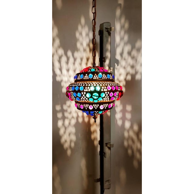 Mid-Century Modern Moroccan Lantern in Brass and Colored Glass For Sale - Image 3 of 18