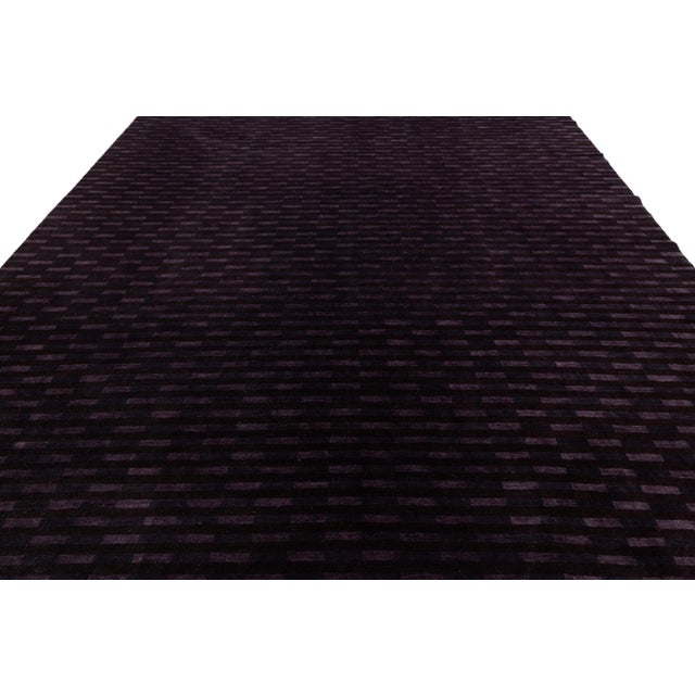 Modern Tibetan Wool and Silk Rug in Deep Plum, Minimalist Geometric Design For Sale - Image 4 of 10